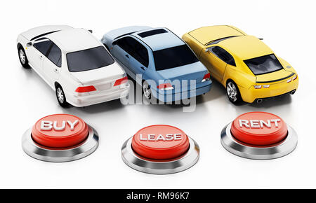 Cars and buy rent lease buttons isolated on white background. 3D