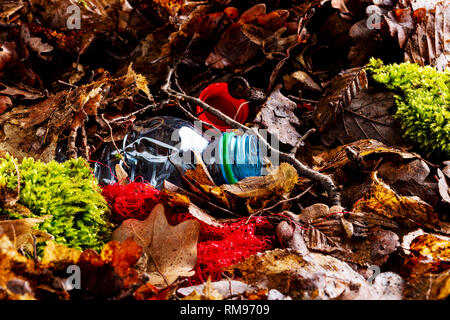 Still life of an empty used plastic bottle waste on forest floor as an environmental pollution closeup Stock Photo