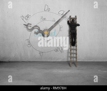 businessman on ladder drawing PDCA loop with clock hands on wall Stock Photo