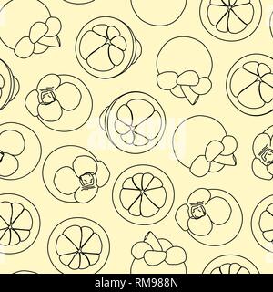 Mangosteen doodle hand drawn seamless background. Stock Vector