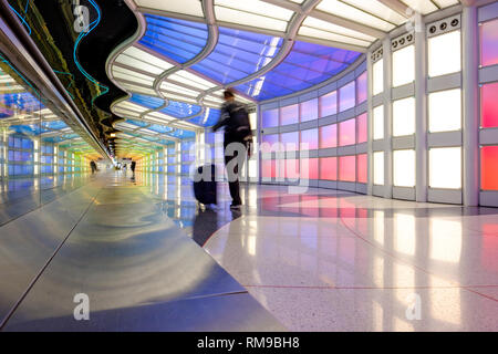 Neon art installation Sky's The Limit, by Michael Hayden, Helmut Jahn Terminal 1, Chicago O'Hare International Airport Terminal, Illinois, USA Stock Photo