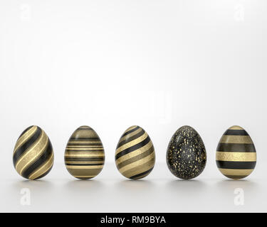 Row of black and gold Easter eggs, balanced on its blunt end on grey background. Easter decoration seamless banner concept Stock Photo