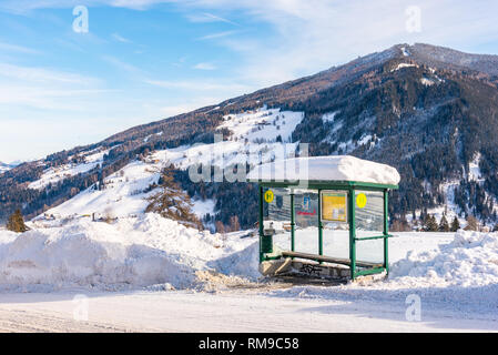 Austrian bus stop, sign ski region Schladming-Dachstein, Dachstein massif, Liezen District, Styria, Austria, Europe Stock Photo