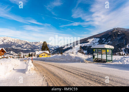 Austrian bus stop, sign ski region Schladming-Dachstein, Dachstein massif, Liezen District, Styria, Austria, Europe Stock Photo