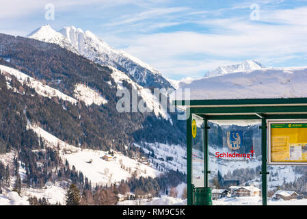 Austrian bus stop, sign ski region Schladming-Dachstein, Dachstein massif, Liezen District, Styria, Austria, Europe Stock Photo