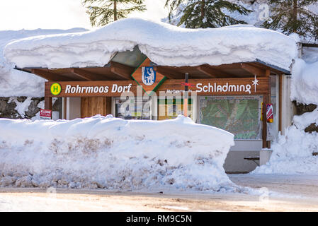 Austrian bus stop, sign ski region Schladming-Dachstein, Dachstein massif, Liezen District, Styria, Austria, Europe Stock Photo