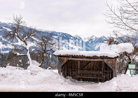 Austrian bus stop, sign ski region Schladming-Dachstein, Dachstein massif, Ortner, Liezen District, Styria, Austria, Europe Stock Photo