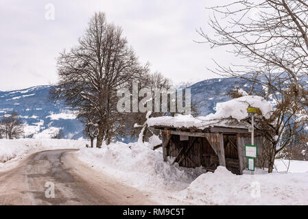 Austrian bus stop, sign ski region Schladming-Dachstein, Dachstein massif, Ortner, Liezen District, Styria, Austria, Europe Stock Photo