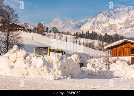 Austrian bus stop, sign ski region Schladming-Dachstein, Dachstein massif, Liezen District, Styria, Austria, Europe Stock Photo