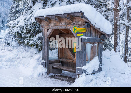 Austrian bus stop, sign ski region Schladming-Dachstein, Dachstein massif, Liezen District, Styria, Austria, Europe Stock Photo