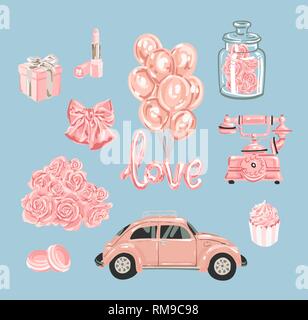 Tomantic set of female objects. Good for wrapping, card or poster. Rose gold set of different Stock Vector