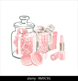 Tomantic set of female objects. Good for wrapping, card or poster. Rose gold set of different Stock Vector