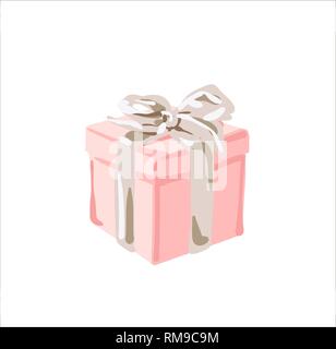 Valentine gift box with red ribbon and bow on pink background. Stock Vector