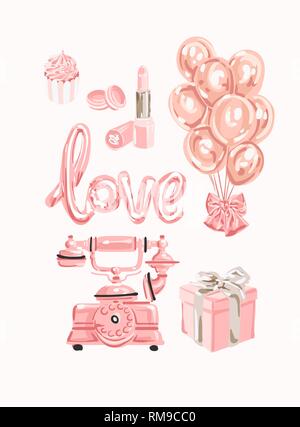 Tomantic set of female objects. Good for wrapping, card or poster. Rose gold set of different Stock Vector