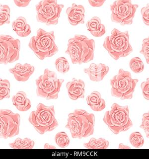 Seamless pattern with pink and white roses. Romantic wallpaper. Hand painted watercolor botanical illustration. Stock Vector