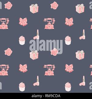 Seamless vector pattern with romantic objects in rose gold Stock Vector