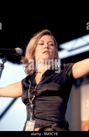 Catatonia vocalist Cerys Matthews is shown  performing 'live' in concert. Stock Photo