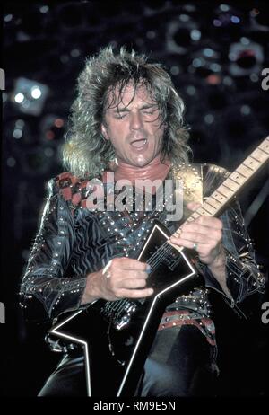 Guitarist Glen Tipton of the English heavy metal band Judas Priest is shown performing on stage during a 'live' concert appearance. Stock Photo
