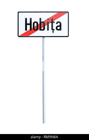 Exit of Hobita - isolated road sign - the natal village of Constantin Brancusi Stock Photo