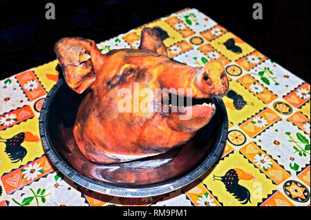 Cut pig head presented on a silver plate, isolated on a colorful table at the traditional Ati-Atihan Festival in Ibajay, Aklan Province, Philippines Stock Photo