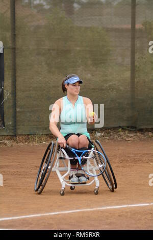 France Wheelchair Tennis player Emmanuelle Morch seen in action against South Africa's Mariska Venter during Nairobi Open Wheelchair Tennis Tour.  Morch won 7-6(8) 6-4  to take Ladies Single Championship. Stock Photo