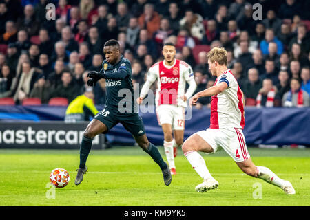 Amsterdam, Holanda. 13th Feb, 2019. Vinícius Júnior during the match between Ajax and Real Madrid held at the Johan Cruyff Stadium in Amsterdam. The match is valid for the octaves of the Champions League 2018/2019. Credit: Richard Callis/FotoArena/Alamy Live News Stock Photo