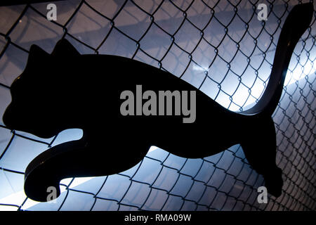 Herzogenaurach, Germany. 14th Feb, 2019. The logo of the sporting goods manufacturer Puma SE hangs on a wall at the company's headquarters. On 14 February, the sporting goods manufacturer will present its balance sheet for the year 2018. Credit: Daniel Karmann/dpa/Alamy Live News Stock Photo