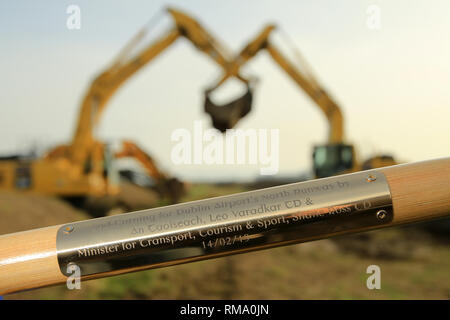 Dublin, Ireland. 14th Feb 2019. Irish Prime Minister An Taoiseach, Leo Varadkar TD and the Irish Minister for Transport, Tourism and Sport, Shane Ross TD poses for photographers during the offical sod-turning for Dublin Airport’s new North Runway, Thursday, February 14, 2019. Dublin Airport claims its new second runway will create more than €2bn in economic activity over the next 24 years.  Credit: Paul McErlane/Alamy Live News Stock Photo