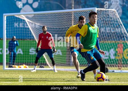 Barcelona, Spain. 14th Feb, 2019. Wu Lei (1st R) of China takes part in open training session of Spanish league team RCD Espanyol in Barcelona, Spain, on Feb. 14, 2019. Credit: Joan Gosa/Xinhua/Alamy Live News Stock Photo