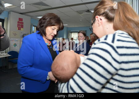 Kilmarnock, UK. 14th Feb, 2019. Transforming maternity and neonatal care across Scotland Cabinet Secretary for Health Jeane Freemanl visits Crosshouse Hospital in NHS Ayrshire and Arran to announce a £12 million investment which will ensure mums, babies and other family members are all supported from pregnancy to birth and after. This includes testing a new model for neonatal care for babies needing the most specialist treatment. Credit: Colin Fisher/Alamy Live News Stock Photo