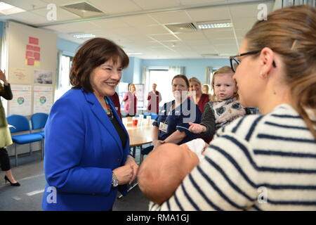 Kilmarnock, UK. 14th Feb, 2019. Transforming maternity and neonatal care across Scotland Cabinet Secretary for Health Jeane Freemanl visits Crosshouse Hospital in NHS Ayrshire and Arran to announce a £12 million investment which will ensure mums, babies and other family members are all supported from pregnancy to birth and after. This includes testing a new model for neonatal care for babies needing the most specialist treatment. Credit: Colin Fisher/Alamy Live News Stock Photo