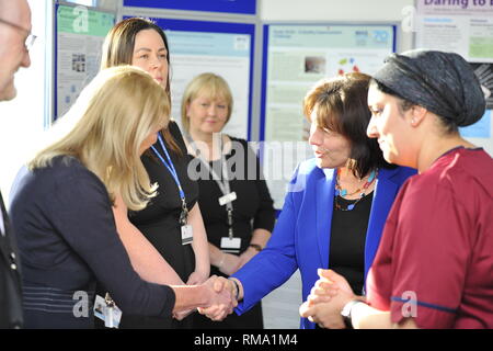Kilmarnock, UK. 14th Feb, 2019. Transforming maternity and neonatal care across Scotland Cabinet Secretary for Health Jeane Freemanl visits Crosshouse Hospital in NHS Ayrshire and Arran to announce a £12 million investment which will ensure mums, babies and other family members are all supported from pregnancy to birth and after. This includes testing a new model for neonatal care for babies needing the most specialist treatment. Credit: Colin Fisher/Alamy Live News Stock Photo