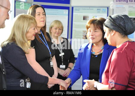Kilmarnock, UK. 14th Feb, 2019. Transforming maternity and neonatal care across Scotland Cabinet Secretary for Health Jeane Freemanl visits Crosshouse Hospital in NHS Ayrshire and Arran to announce a £12 million investment which will ensure mums, babies and other family members are all supported from pregnancy to birth and after. This includes testing a new model for neonatal care for babies needing the most specialist treatment. Credit: Colin Fisher/Alamy Live News Stock Photo