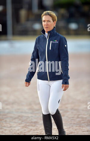WELLINGTION, FL - FEBRUARY 09: SATURDAY NIGHT LIGHTS: Lauren Hough participates in Class 101 - FEI CSI5* $391,000 Fidelity Investments Grand Prix where the winner was Martin Fuchs (Swiss) second place was Kent Farrington (USA) and third was Conor Swail (IRE). The Winter Equestrian Festival (WEF) is the largest, longest running hunter/jumper equestrian event in the world held at the Palm Beach International Equestrian Center on February 09, 2019  in Wellington, Florida  People:  Lauren Hough Stock Photo