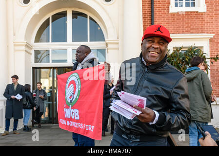 London, UK. 14th February 2019. The IWGB union and students launch their campaign for Goldmsiths, University of London, to directly employ its security officers. Currently they are employed by CIS Security Ltd on low pay and minimal conditions of service, and CIS routinely flouts its legal responsibilities on statutory sick pay and holidays. Credit: Peter Marshall/Alamy Live News Stock Photo