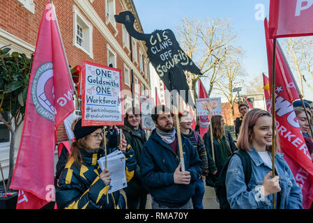 London, UK. 14th February 2019. The IWGB union and students launch their campaign for Goldmsiths, University of London, to directly employ its security officers. Currently they are employed by CIS Security Ltd on low pay and minimal conditions of service, and CIS routinely flouts its legal responsibilities on statutory sick pay and holidays. Credit: Peter Marshall/Alamy Live News Stock Photo