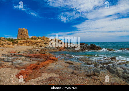 Sardinia landscape. Barisardo beach with the red granite rocks. Stock Photo