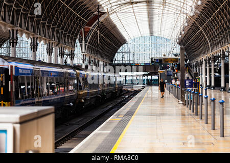 BIRMINGHAM, UK - March 2018 Paddington Underground Train Station in England. Railway Wagon Waiting for Commuters to Arrive. Elaborate Wrought Iron Des Stock Photo