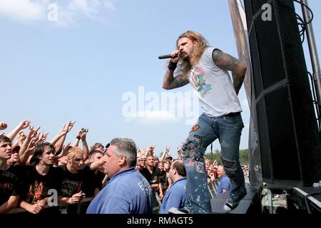 Musician, film director, screenwriter and film producer Robert Bartleh Cummings, better known by his stage name Rob Zombie, is shown performing on stage during a 'live' appearance. Stock Photo