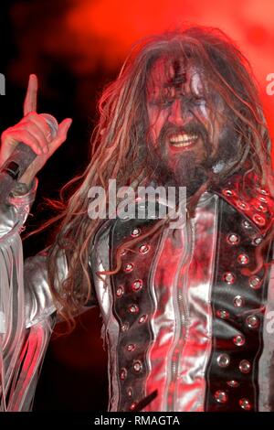 Musician, film director, screenwriter and film producer Rob Zombie is shown performing on stage during a 'live' appearance. Stock Photo