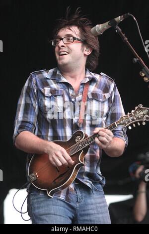 Mandolinist Jeff Austin of the Yonder Mountain String Band is shown  performing on stage at Mountain Jam in Hunter, New York. Stock Photo
