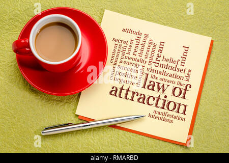 law of attraction word cloud on a paper note with cup of coffee Stock Photo