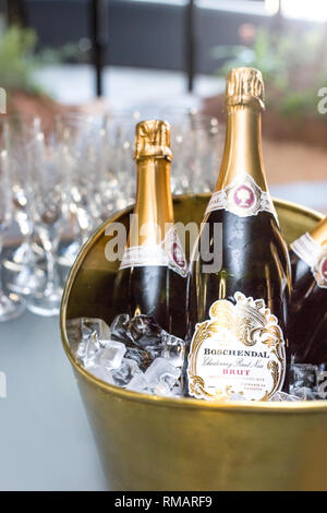 Johannesburg, South Africa - 11 September - 2018: Sparkling wine in ice bucket with glasses in the background. Stock Photo