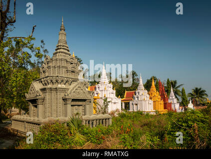Cambodia, Kampot Province, Kampot, Trey Koh, Fish Island, Wat Traeuy Kaoh, ornate memorial pagodas Stock Photo