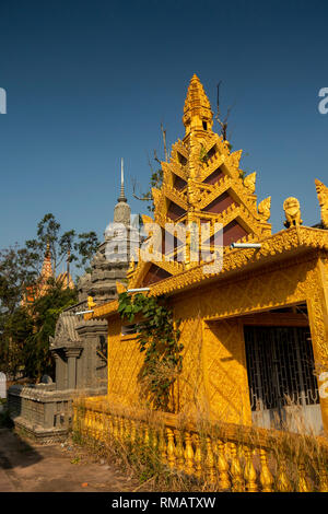 Cambodia, Kampot Province, Kampot, Trey Koh, Fish Island, Wat Traeuy Kaoh, ornate golden memorial pagoda Stock Photo