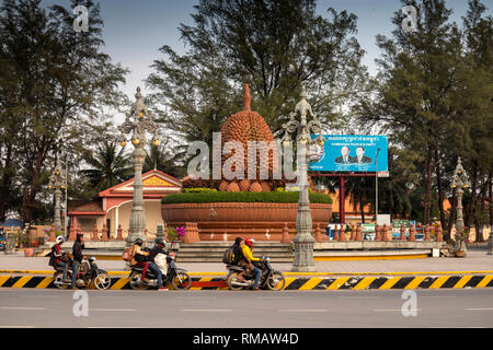 Cambodia, Kampot Province, Kampot city, Durian Roundabout, local transport, motorcycles, Stock Photo