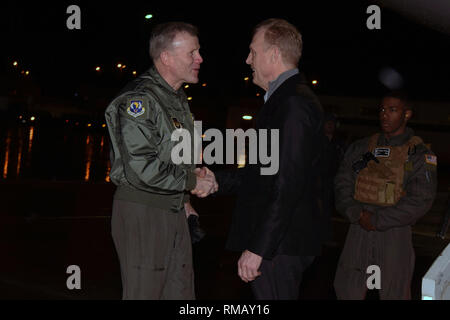 U.S. Acting Defense Secretary Patrick M. Shanahan arrives at Ramstein Air Base, Germany, en route to Afghanistan, Feb. 10, 2019. Shanahan greeted Air Force Gen. Tod D. Wolters, the commander of U.S. Air Forces in Europe; commander, U.S. Air Forces Africa; and commander, Allied Air Command, upon arrival. (DoD photo by Lisa Ferdinando)