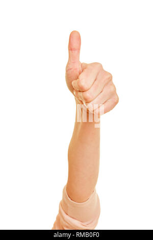 Old female hand holds the thumb up Stock Photo