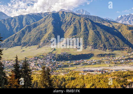 Caucasian landscape, aerial view of the town Mestia in mountain valley, Upper Svaneti, Georgia