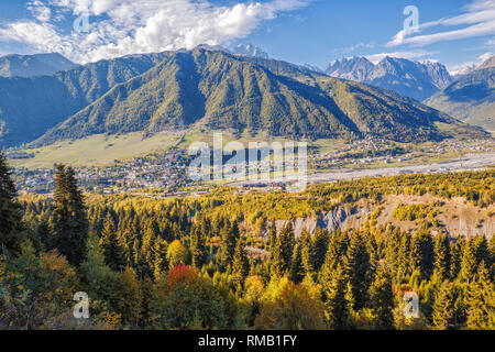Scenic Caucasian autumn landscape, aerial view of the town of Mestia in a mountain valley, Upper Svaneti, Georgia